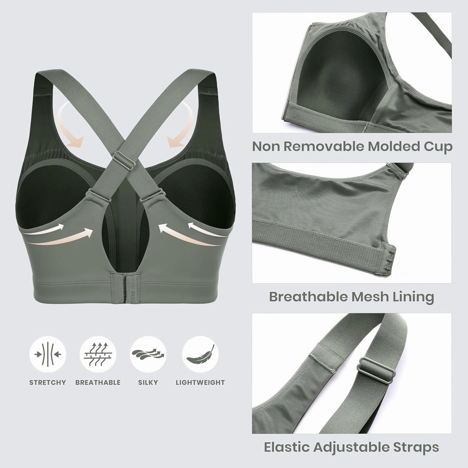 CRZ YOGA Womens Zip Front High Impact Sports Bra - Molded Cup Adjustable Convertible Straps Wireless Workout Yoga Crop Top