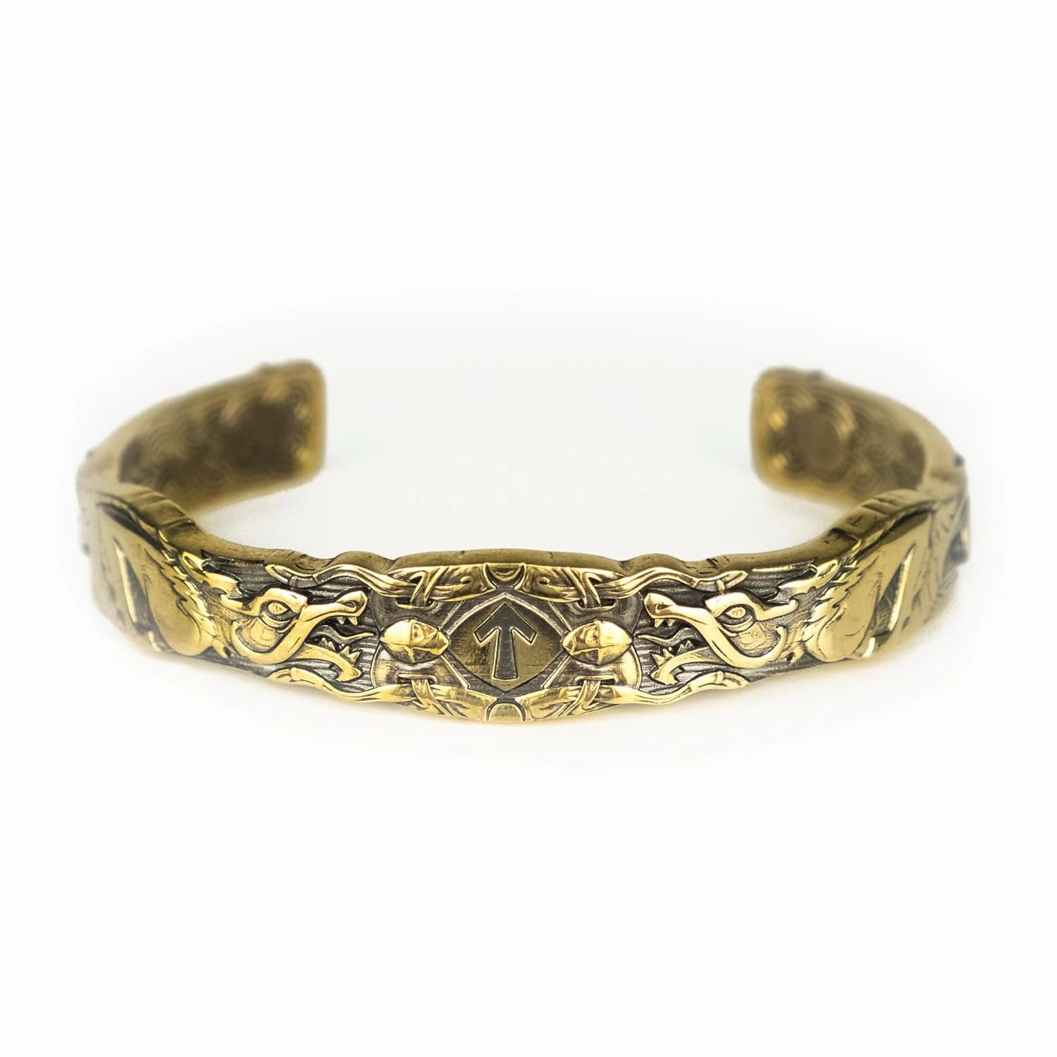 Cuff bracelet Scandinavian Wolves, handmade solid brass mens womens c shape embossed gold cuff bangle, unisex viking jewelry gifts