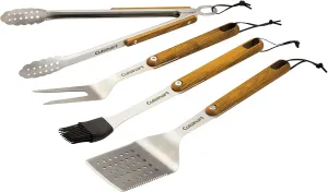 Cuisinart CGS-1100 (Spatula, Locking Tongs, Fork, Basting Brush) 4-Piece Grill Tool Set, Ash Wood Handle
