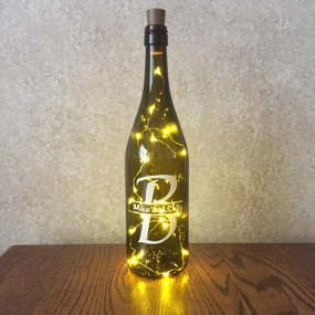 Custom Vinyl Split Monogram Wine Bottle With or Without Twinkle Fairy Lights Powered From Cork