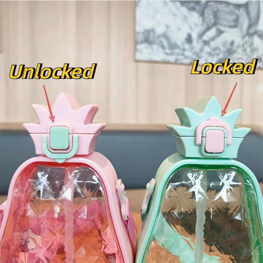 Cute Pineapple Plastic Water Bottle with Straw,600 ML Pineapple Shape Juice Cup with Adjustable Shoulder Strap,BPA Free Leakproof Drinking Bottle for Travel Outdoor Sports (Pink)