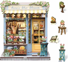 Cutefun Book Nook Kit - DIY Miniature House Kit for Adults and Teens, 3D Wooden Puzzle Mini House Building Kit with LED, Dollhouse Kit Bookshelf Insert Decor Creative Gifts (Anna's Blue Blossom)