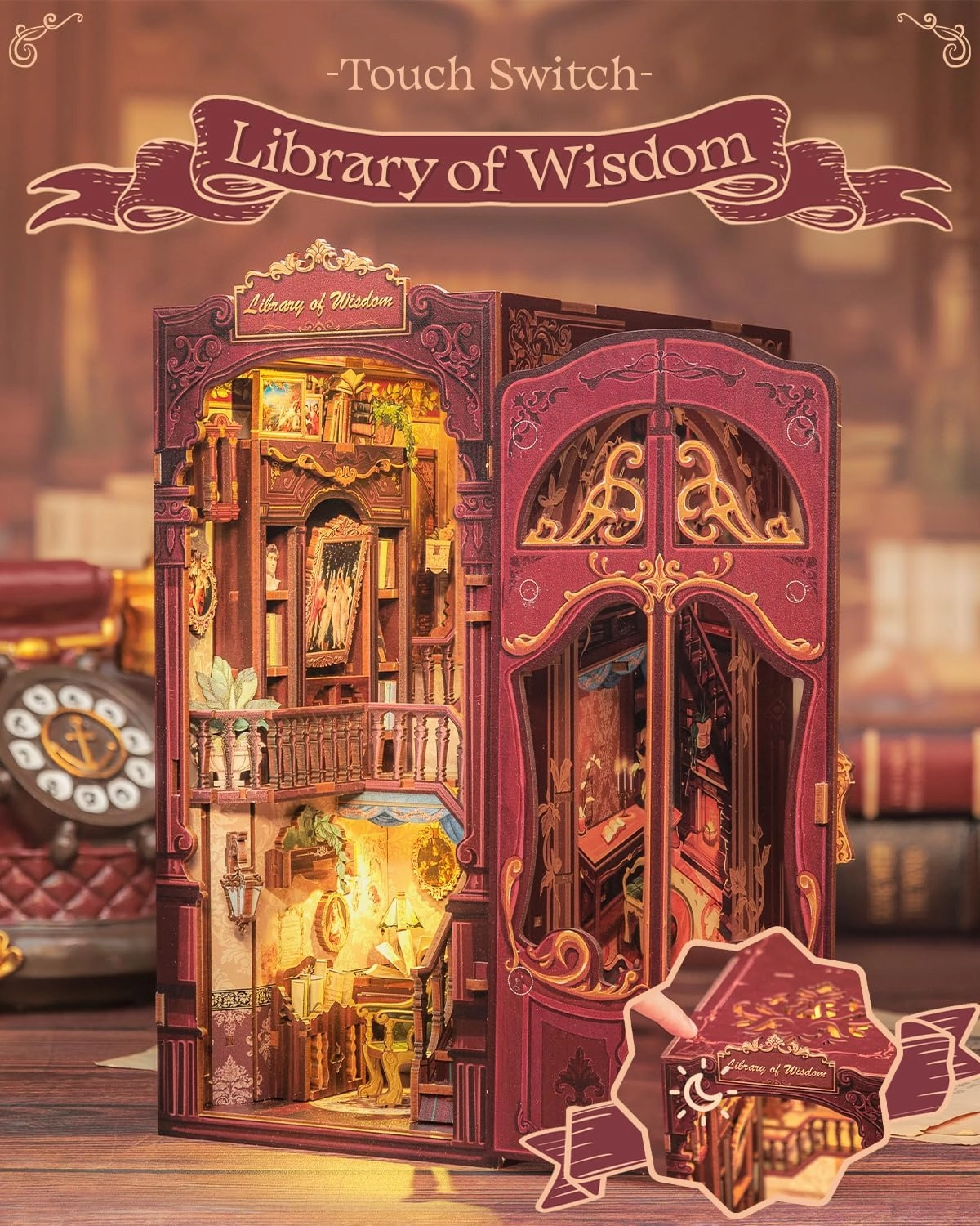 Cutefun Book Nook Kit, DIY Miniature Dollhouse Booknook for Adults, 3D Wooden Puzzle Bookend Bookshelf Insert Decor with LED Light, Gift for Craft Lovers (Library of Wisdom)