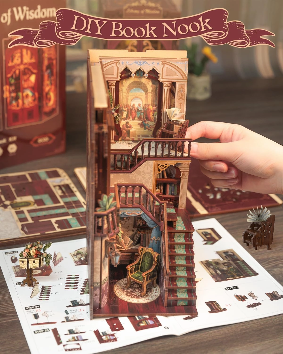 Cutefun Book Nook Kit, DIY Miniature Dollhouse Booknook for Adults, 3D Wooden Puzzle Bookend Bookshelf Insert Decor with LED Light, Gift for Craft Lovers (Library of Wisdom)