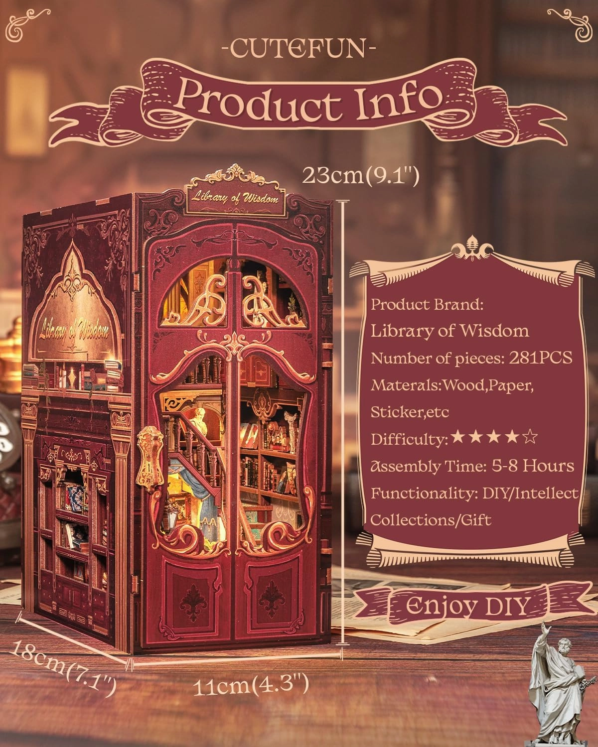 Cutefun Book Nook Kit, DIY Miniature Dollhouse Booknook for Adults, 3D Wooden Puzzle Bookend Bookshelf Insert Decor with LED Light, Gift for Craft Lovers (Library of Wisdom)