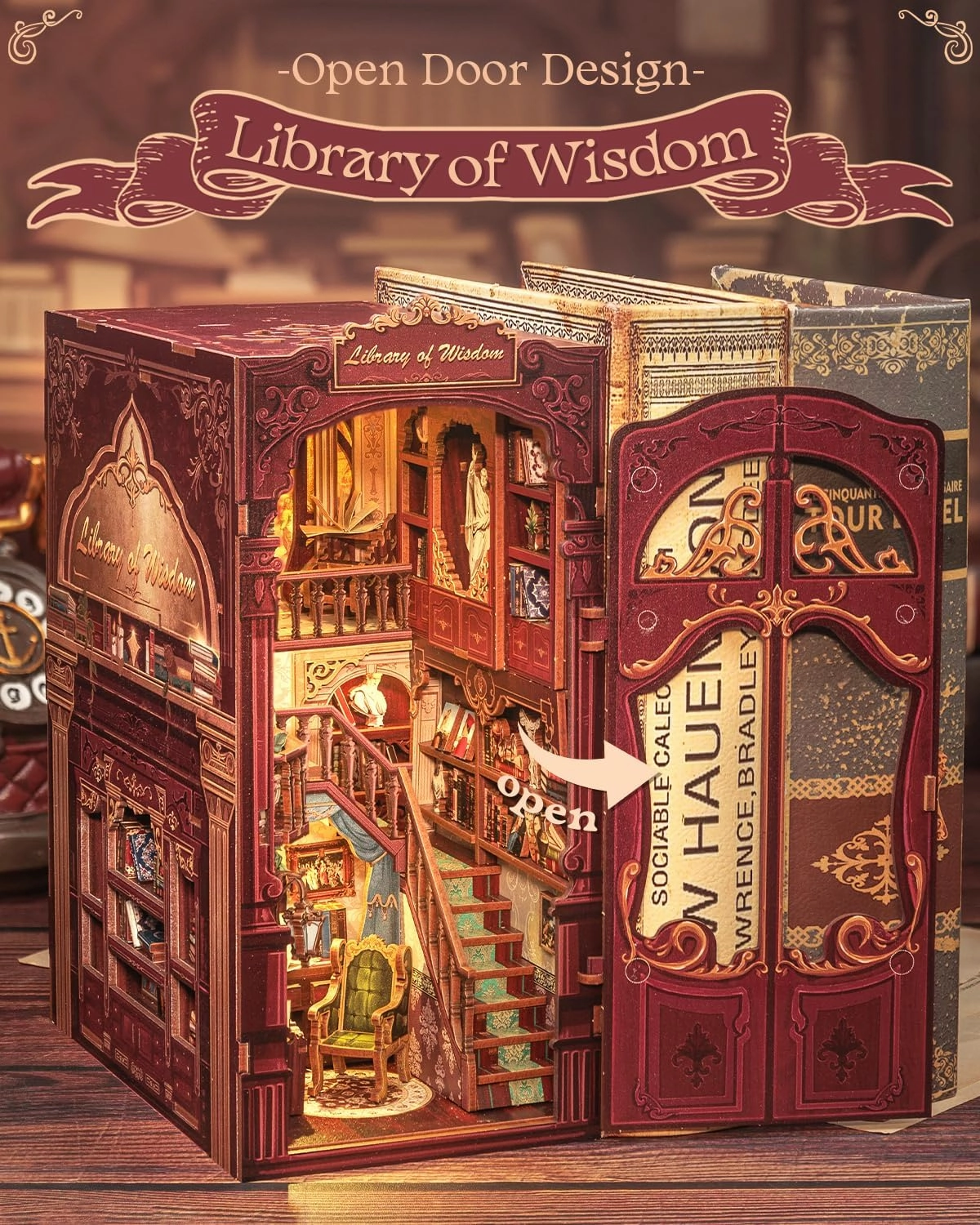 Cutefun Book Nook Kit, DIY Miniature Dollhouse Booknook for Adults, 3D Wooden Puzzle Bookend Bookshelf Insert Decor with LED Light, Gift for Craft Lovers (Library of Wisdom)
