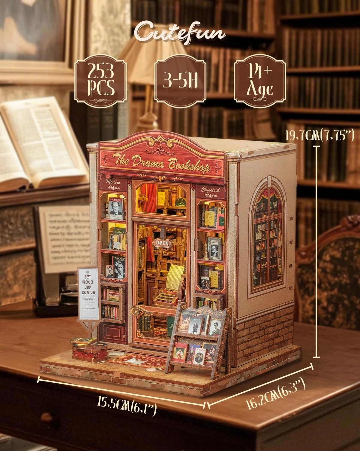 Cutefun Book Nook Kit, DIY Miniature Dollhouse Booknook Kit for Adults and Teens, Tiny House Bookshelf Insert Decor with LED Light, Gifts for Family and Friends (The Drama Bookshop)