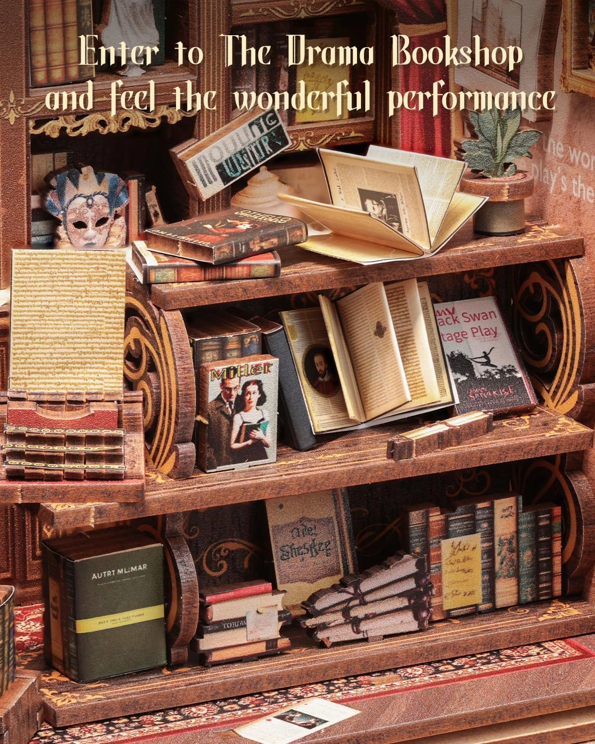 Cutefun Book Nook Kit, DIY Miniature Dollhouse Booknook Kit for Adults and Teens, Tiny House Bookshelf Insert Decor with LED Light, Gifts for Family and Friends (The Drama Bookshop)