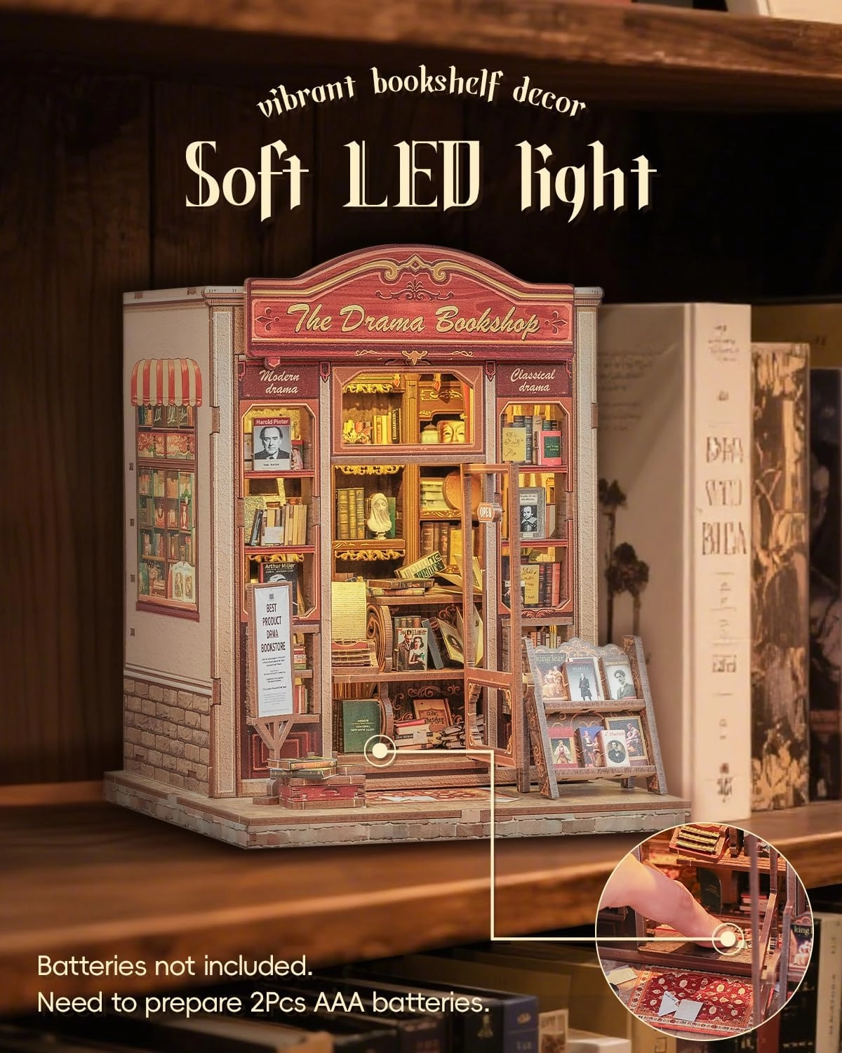 Cutefun Book Nook Kit, DIY Miniature Dollhouse Booknook Kit for Adults and Teens, Tiny House Bookshelf Insert Decor with LED Light, Gifts for Family and Friends (The Drama Bookshop)