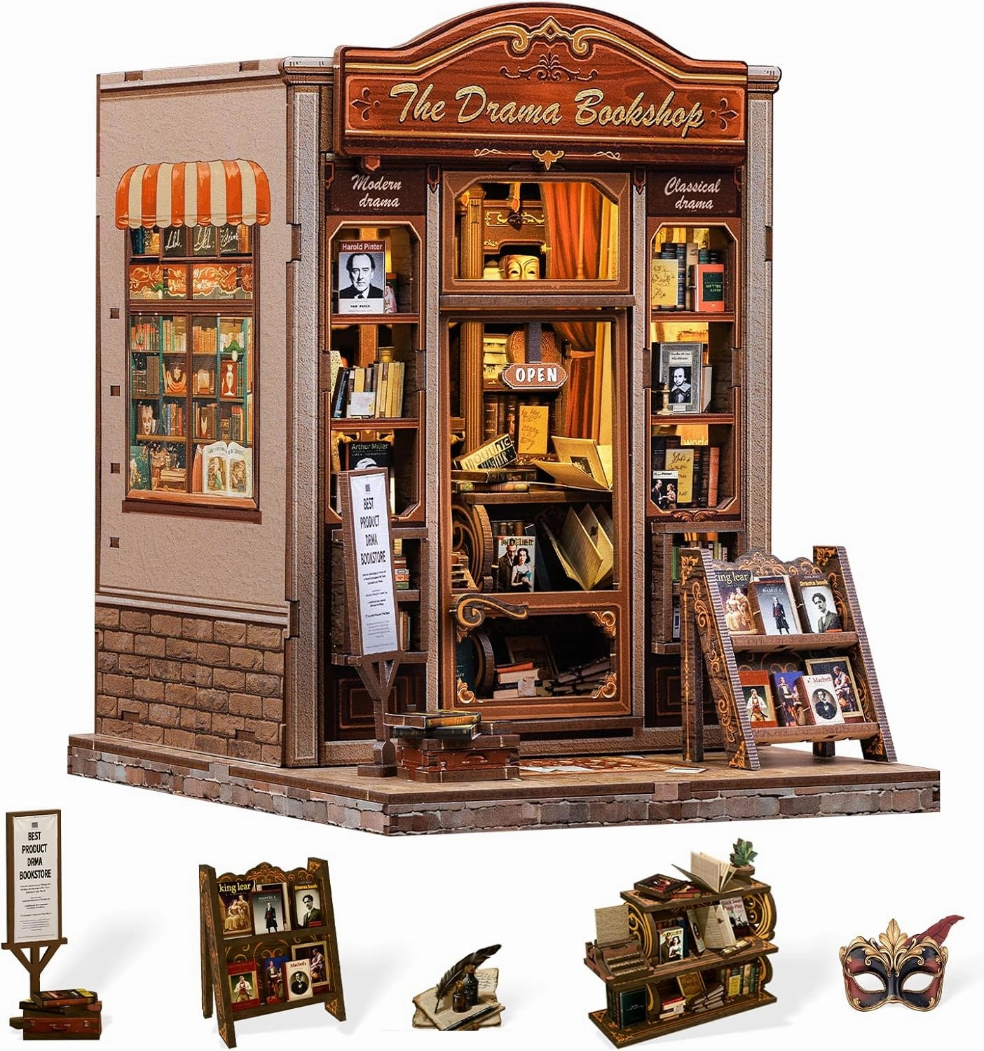 Cutefun Book Nook Kit, DIY Miniature Dollhouse Booknook Kit for Adults and Teens, Tiny House Bookshelf Insert Decor with LED Light, Gifts for Family and Friends (The Drama Bookshop)