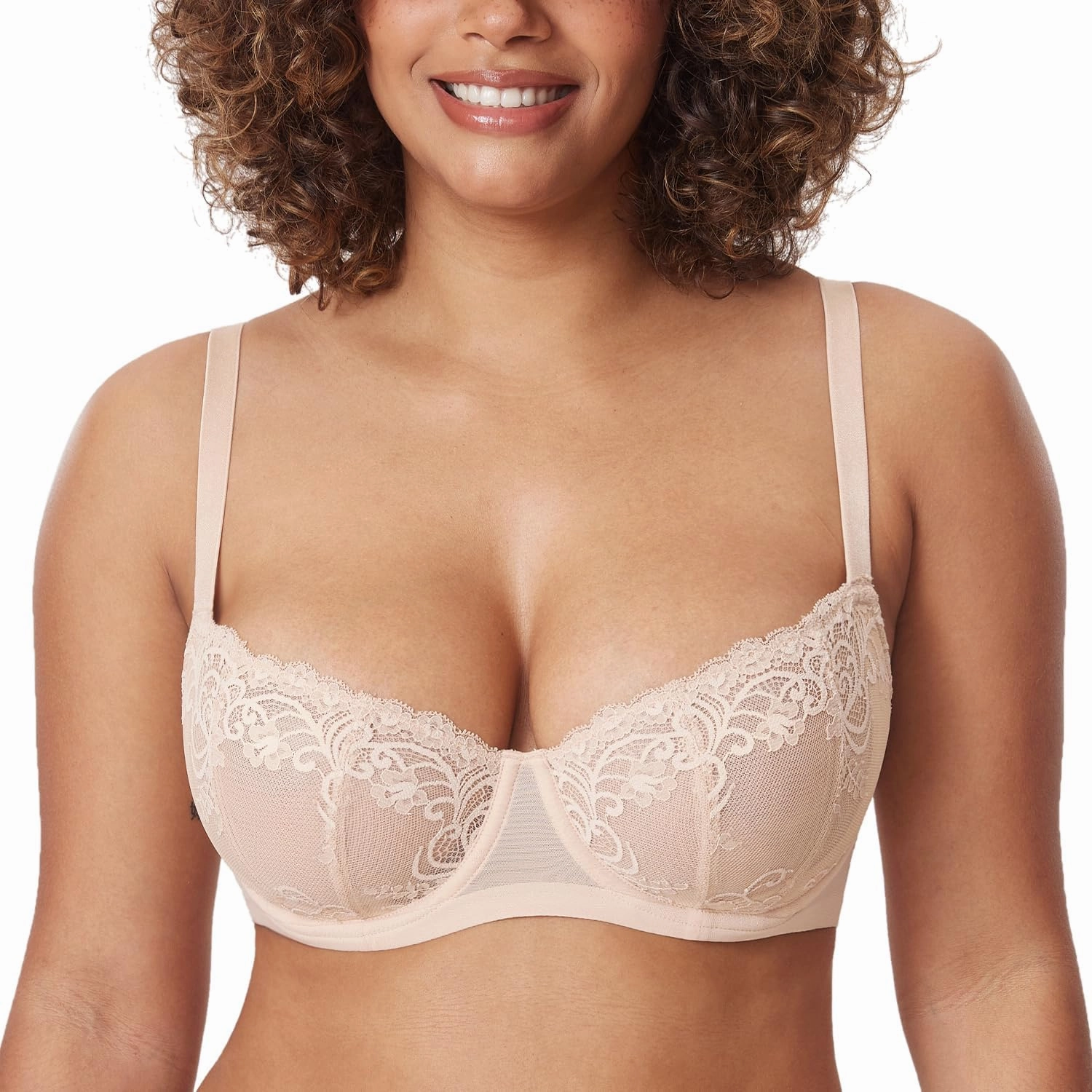 DELIMIRA Women's Balconette Lace Bra Plus Size Sexy See Through Unlined Underwire Bras