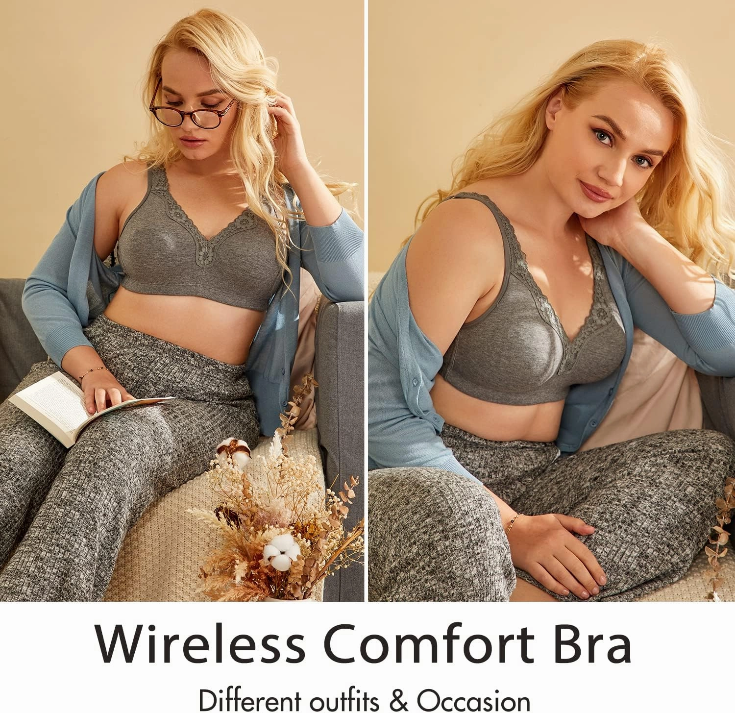 DELIMIRA Women's Wireless Plus Size Full Coverage Lace Bra Cotton Unlined Comfortable