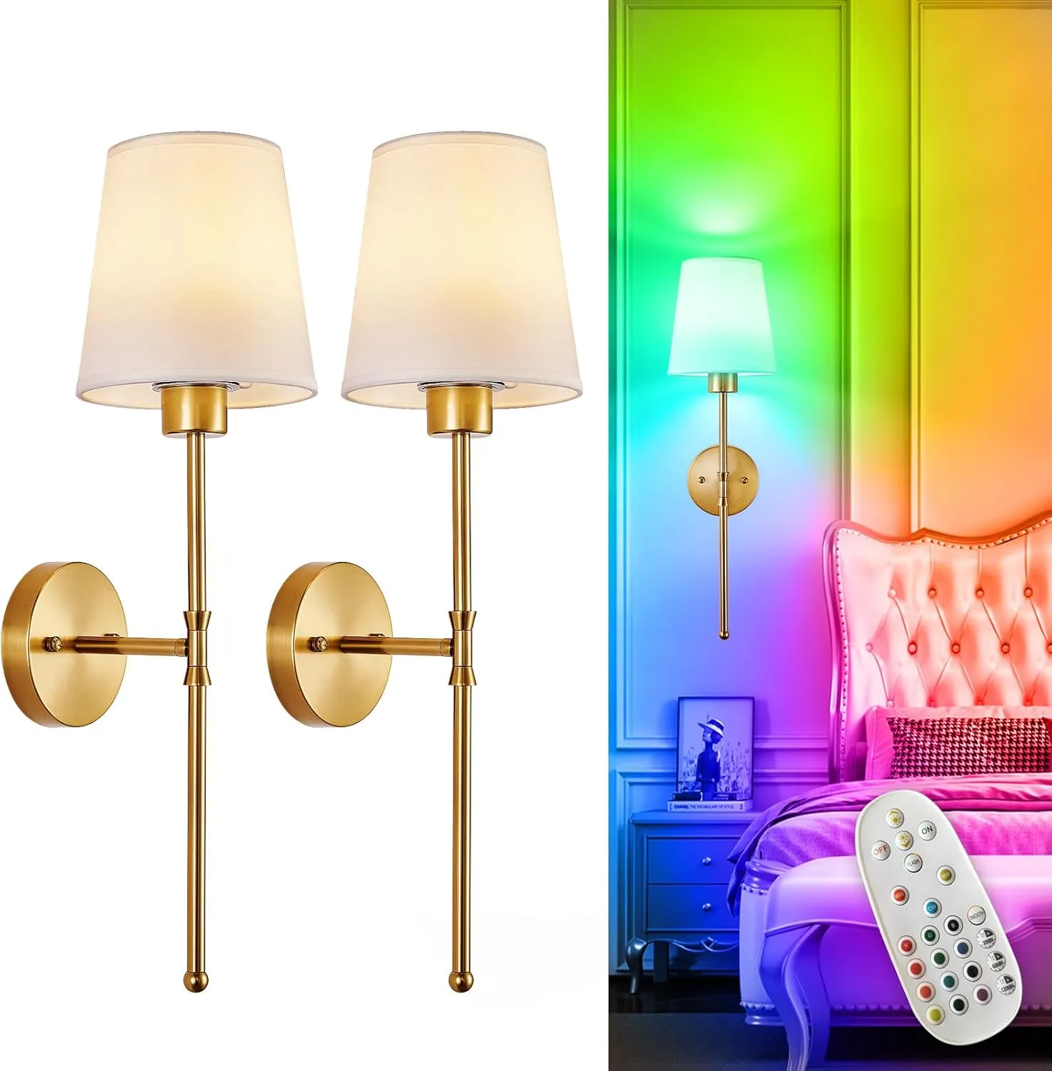Depuley Battery Operated Wall Sconce: Set of 2 Wireless Wall Lights with Remote for Bedroom - Rechargeable 15 Colors Gold Wall Lamp for Living Room Hallway