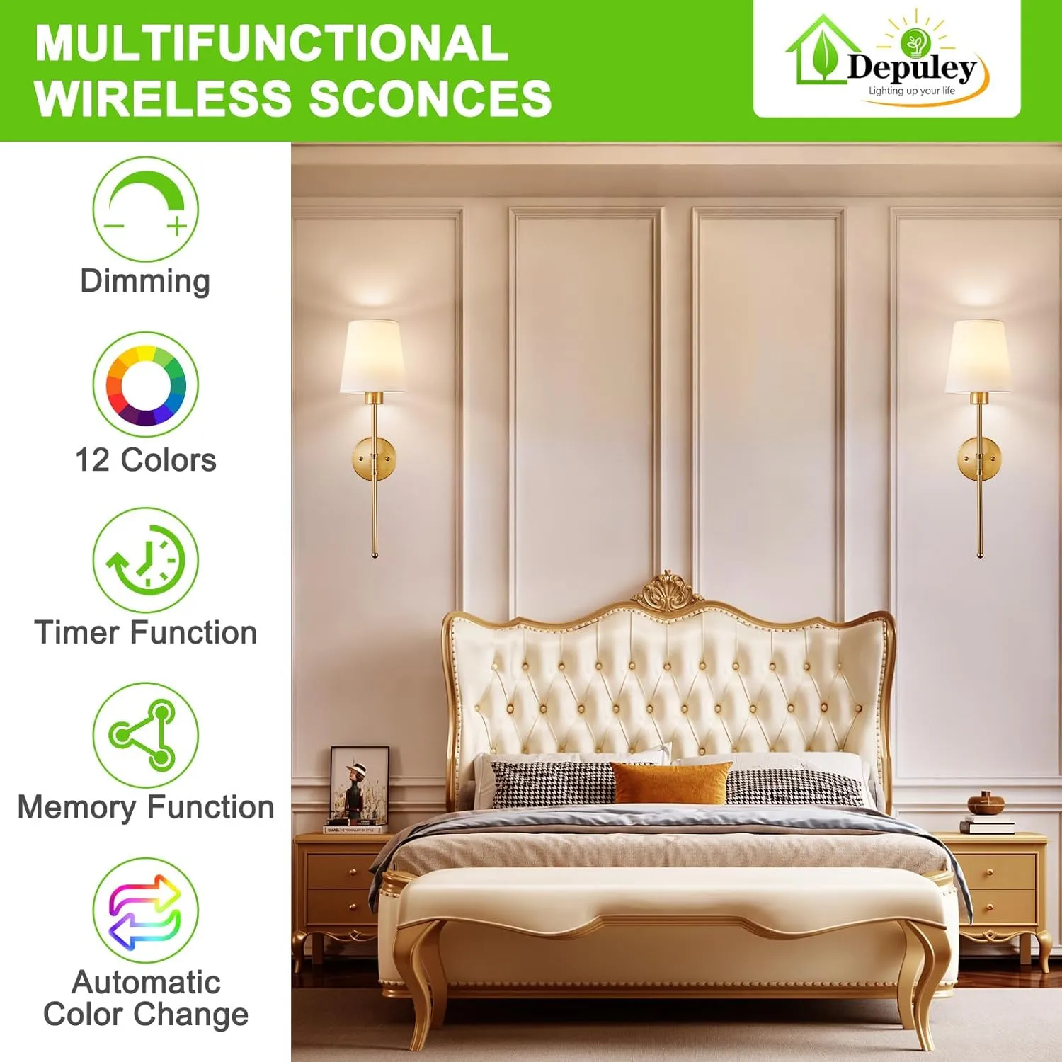 Depuley Battery Operated Wall Sconce: Set of 2 Wireless Wall Lights with Remote for Bedroom - Rechargeable 15 Colors Gold Wall Lamp for Living Room Hallway