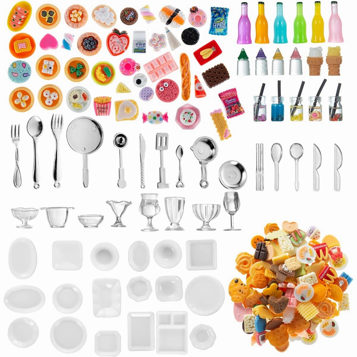 Diinokiy 200pcs Dollhouse Miniature Food Drink Bottles Cooking Toy Kitchen Accessories Mini Play Fake Resin Pretend Game Party Tableware Bread Cake Ice Cream 1/12 Dollhouse Scenery