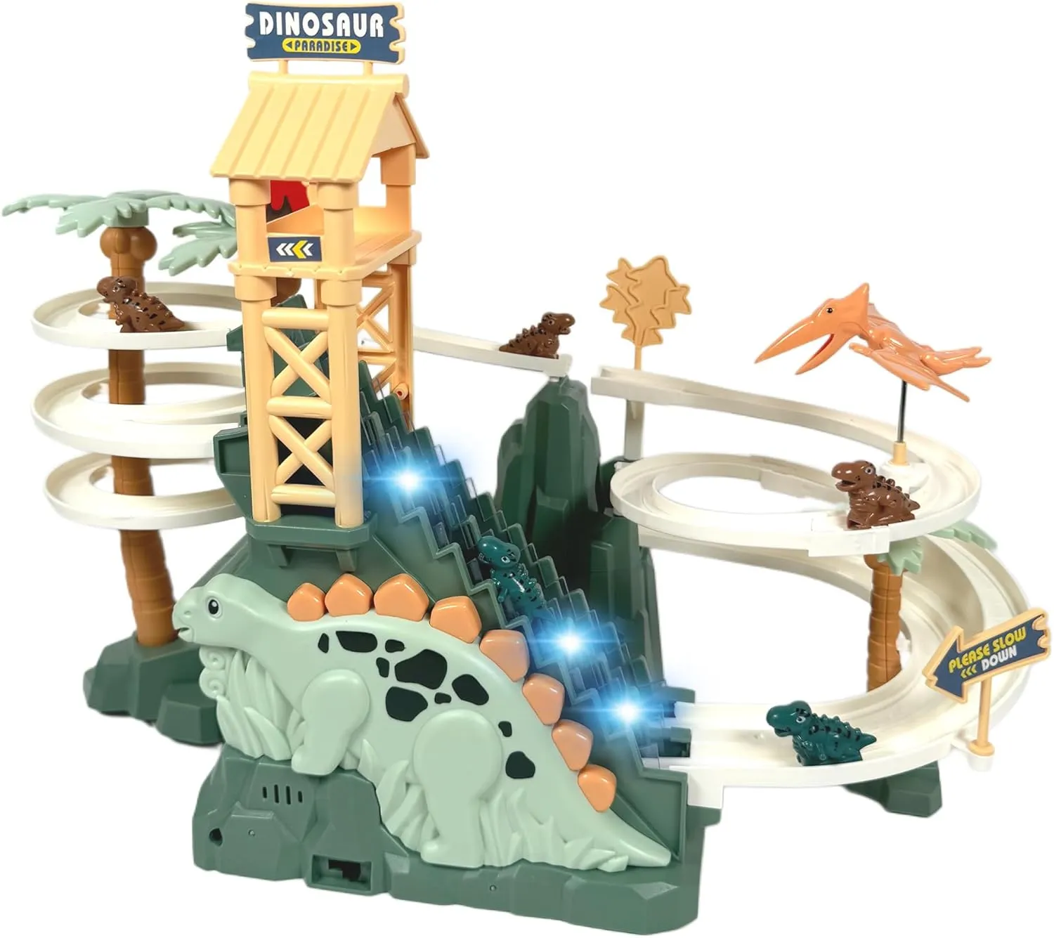 Dinosaur Climbing Slide Toy, Dinosaur Race Track Game Dino Car Track Adventure with Climbing Stairs, Lights & Music Roller Coaster Toy for Toddlers Kids Boys Girls Age 3-8 - Green