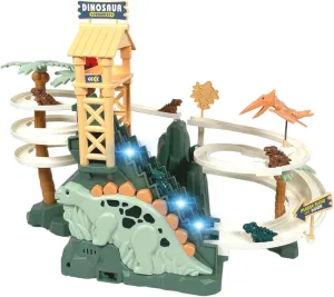 Dinosaur Climbing Slide Toy, Dinosaur Race Track Game Dino Car Track Adventure with Climbing Stairs, Lights & Music Roller Coaster Toy for Toddlers Kids Boys Girls Age 3-8 - Green