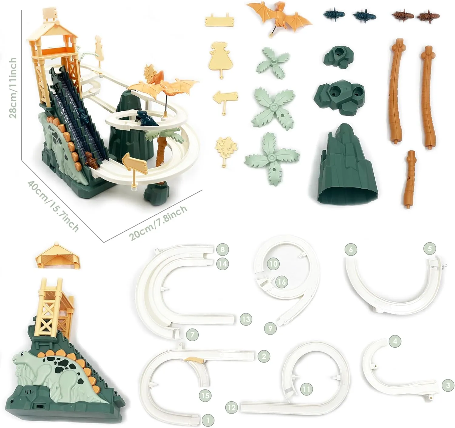 Dinosaur Climbing Slide Toy, Dinosaur Race Track Game Dino Car Track Adventure with Climbing Stairs, Lights & Music Roller Coaster Toy for Toddlers Kids Boys Girls Age 3-8 - Green