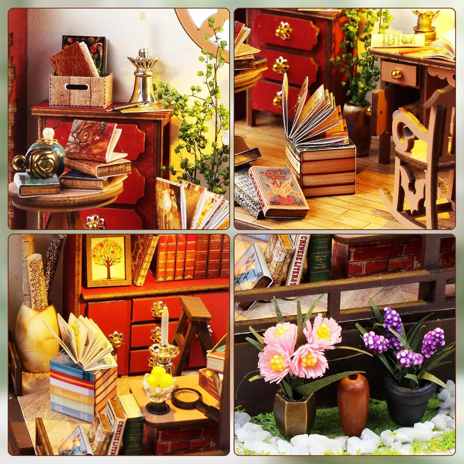 DIY Book Nook Kit, Beginner 3D Puzzle Wooden Book Nook, Dollhouse Kit, with Furniture and LED Light, Accessories Educational Toys, for 14  Teens and Adults Building