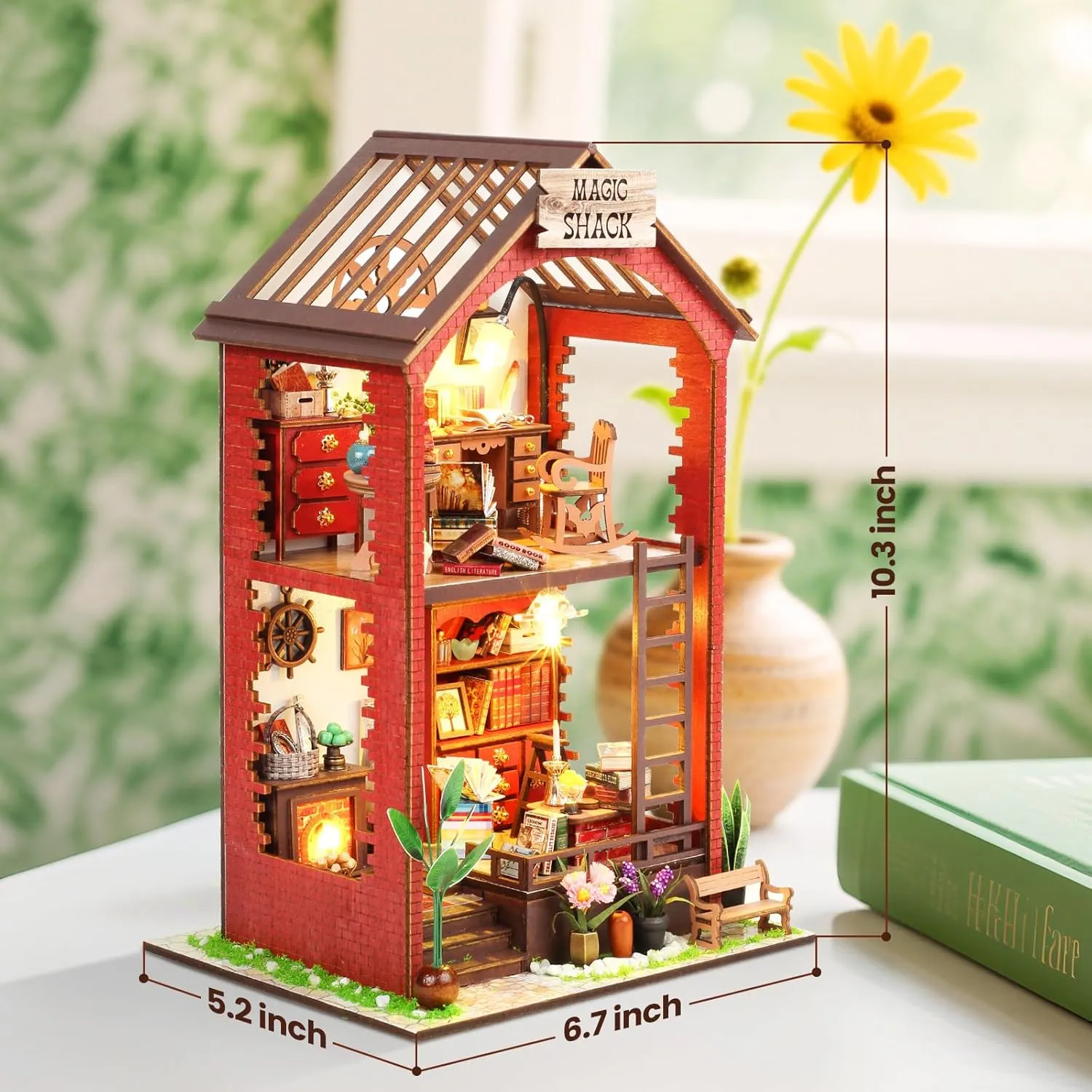DIY Book Nook Kit, Beginner 3D Puzzle Wooden Book Nook, Dollhouse Kit, with Furniture and LED Light, Accessories Educational Toys, for 14  Teens and Adults Building