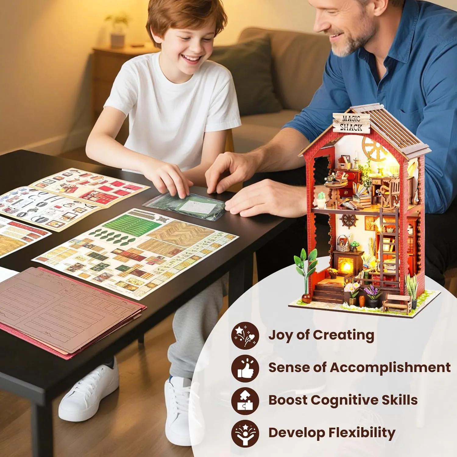 DIY Book Nook Kit, Beginner 3D Puzzle Wooden Book Nook, Dollhouse Kit, with Furniture and LED Light, Accessories Educational Toys, for 14  Teens and Adults Building