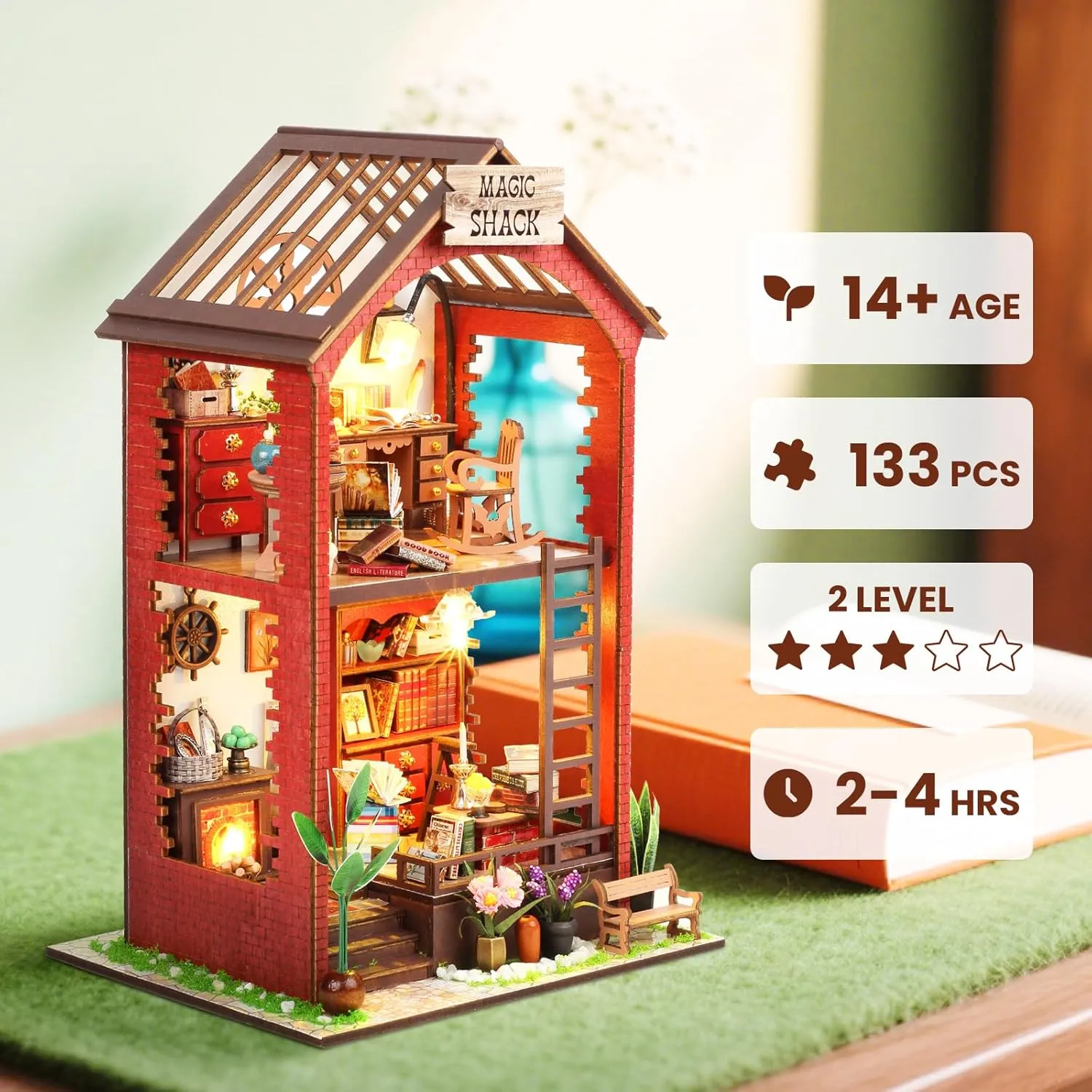 DIY Book Nook Kit, Beginner 3D Puzzle Wooden Book Nook, Dollhouse Kit, with Furniture and LED Light, Accessories Educational Toys, for 14  Teens and Adults Building