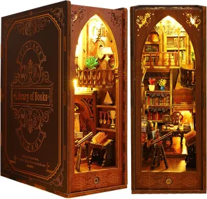 DIY Book Nook Kit, FOTEEMO Miniature Dollhouse Library Book Nook Building with LED Light Creative Bookend Model Kit DIY 3D Insert Wooden Puzzles Bookshelf for Teens Adults