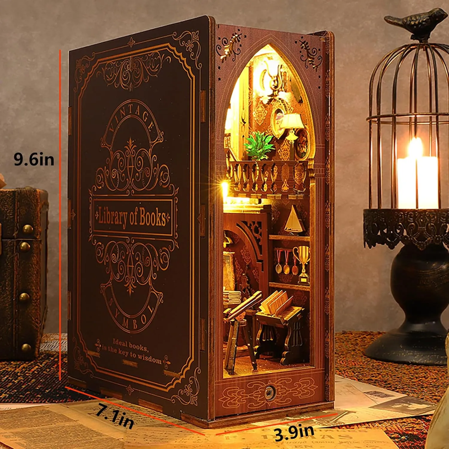 DIY Book Nook Kit, FOTEEMO Miniature Dollhouse Library Book Nook Building with LED Light Creative Bookend Model Kit DIY 3D Insert Wooden Puzzles Bookshelf for Teens Adults
