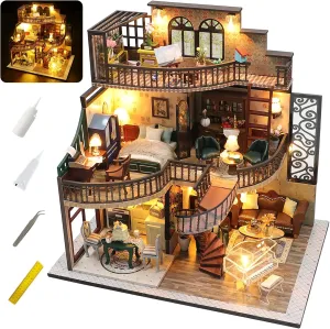 DIY Miniature Doll House Kit, Mini House Making Kit with Furnitures and LED for Adults Teens to Build, Wooden Dollhouse Craft Toys for Birthday, Halloween, Christmas Decorations/Gifts