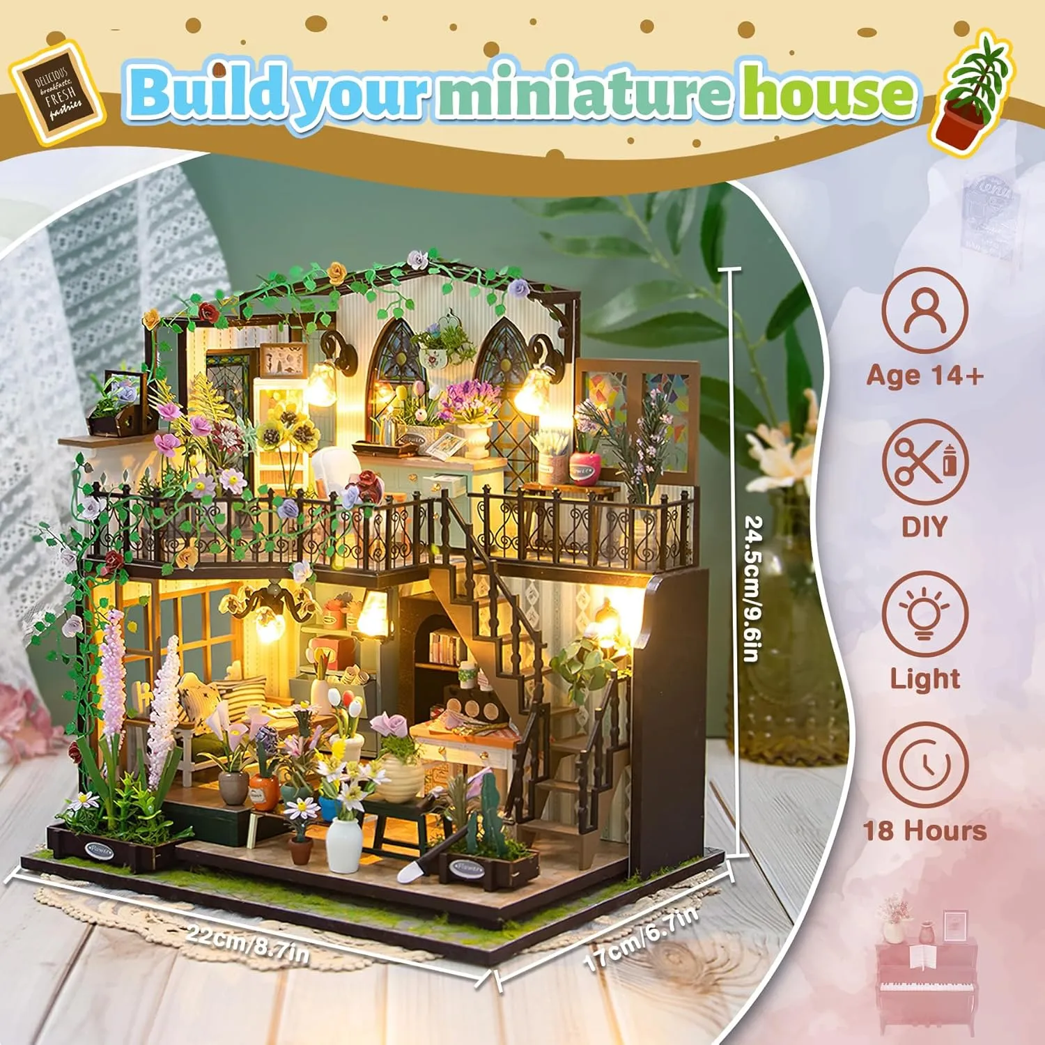 DIY Miniature Dollhouse Kit, Mini House Building Kit for Adults, Tiny House Making Kits with LED Light, Hobby Craft Christmas Decorations Birthday Gifts for Kids & Adults, Garden House