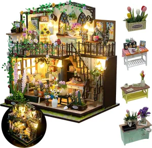 DIY Miniature Dollhouse Kit, Mini House Building Kit for Adults, Tiny House Making Kits with LED Light, Hobby Craft Christmas Decorations Birthday Gifts for Kids & Adults, Garden House