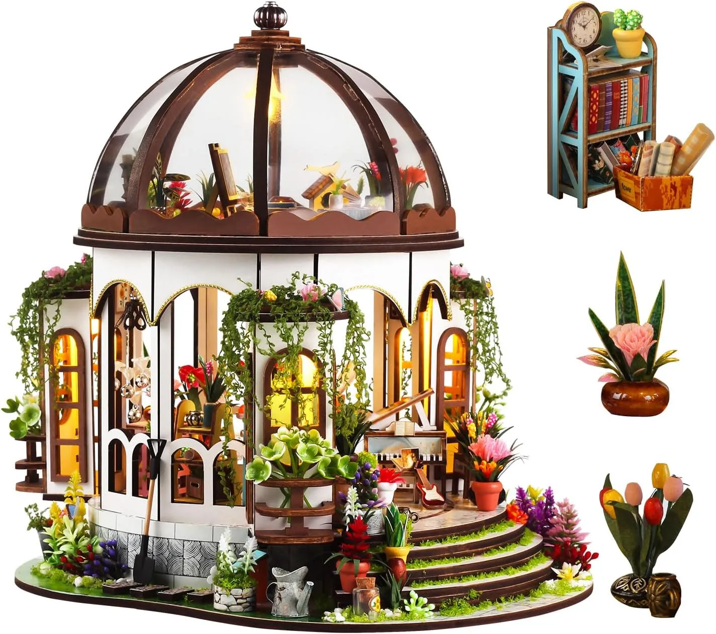 DIY Miniature Garden Dollhouse Kit - 1:24 Scale Wooden Flower Greenhouse Room Craft with Furniture for Book Nook Decor - Present for Women, Girls, and Boy (Round Garden)