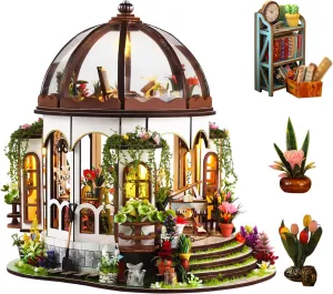 DIY Miniature Garden Dollhouse Kit - 1:24 Scale Wooden Flower Greenhouse Room Craft with Furniture for Book Nook Decor - Present for Women, Girls, and Boy (Round Garden)