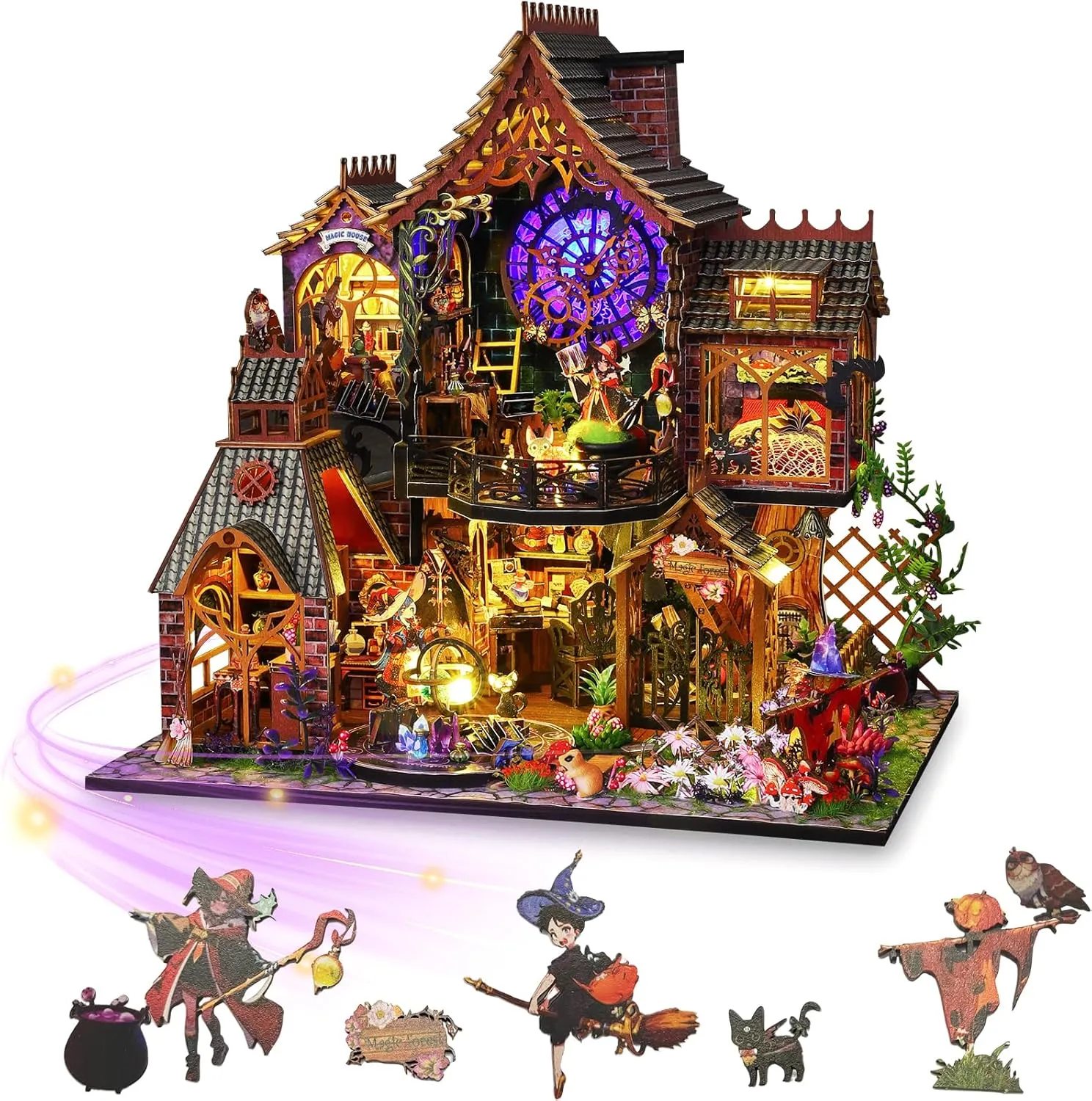 DIY Miniature House Kit - Tiny House Model Kit Dollhouse - 3D Wooden Dollhouse Miniature Kit Holor Magic City with LED Light and Tools Hobby Birthday Gifts for Kids and Adults