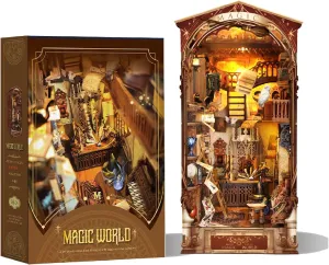 DIY Wooden Book Nook Kit,DIY Dollhouse kit,3D Puzzle Assembly with LED Light Wooden Bookend Bookshlf Insert Deco for Adults,Teens and Beginners-Magic World(SQ-14)