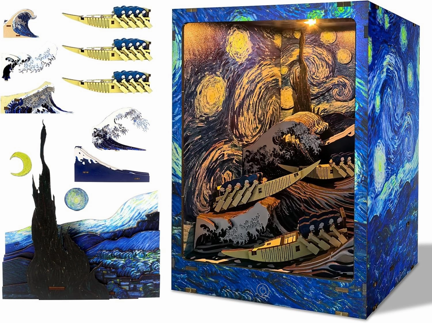 DIY Book Nook Kit for Adults - Booknook Vangogh Miniature and Starry Sky House with LED, Wooden 3D Puzzle Dollhouse for Bookshelf Insert Decoration,Creative Bookends Gift for Artisans&Book Lovers