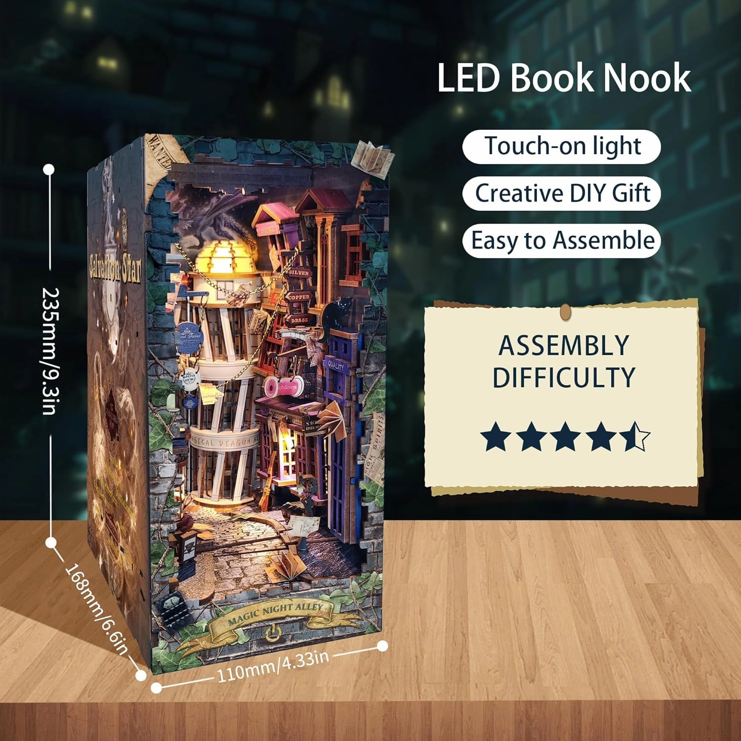 DIY Book Nook Kits-3D Wooden Puzzle for Adults,Miniature Dollhouse House Kit with LED Bookshelf Decoration,Tiny House Bookshelf Insert Toy for Teenagers Gift Model Kits-Magic Night Alley(SQ-16)