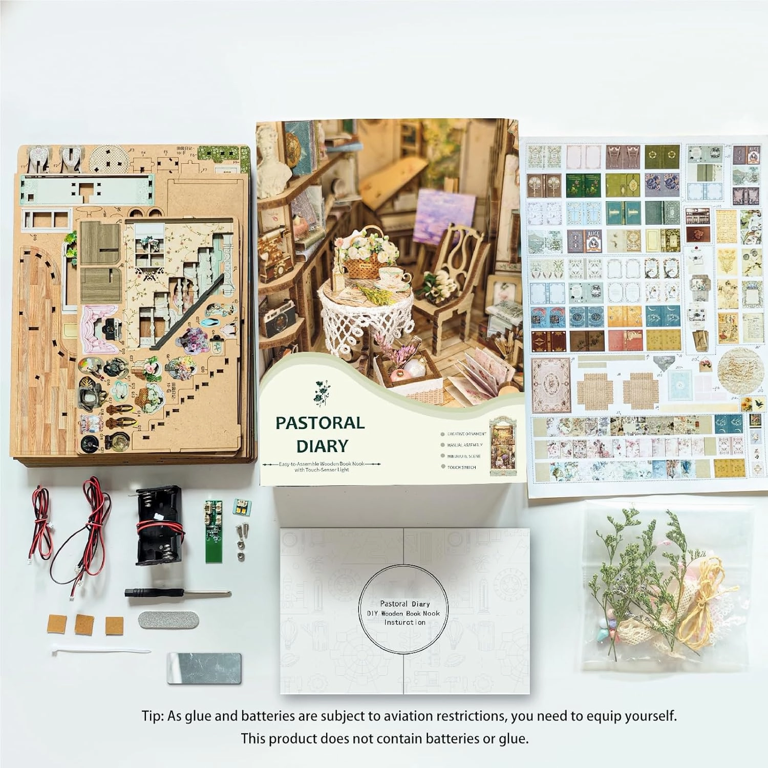 DIY Dollhouse Kit for Adults 2D Stereo Assembly Night Light Sensing Wooden Bookend Jigsaw Building Model (Pastoral Diary)