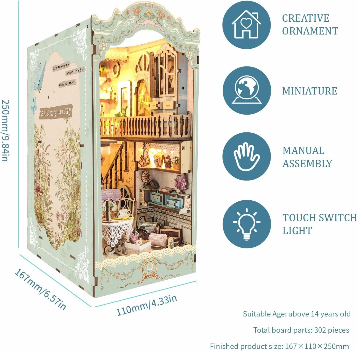 DIY Dollhouse Kit for Adults 2D Stereo Assembly Night Light Sensing Wooden Bookend Jigsaw Building Model (Pastoral Diary)