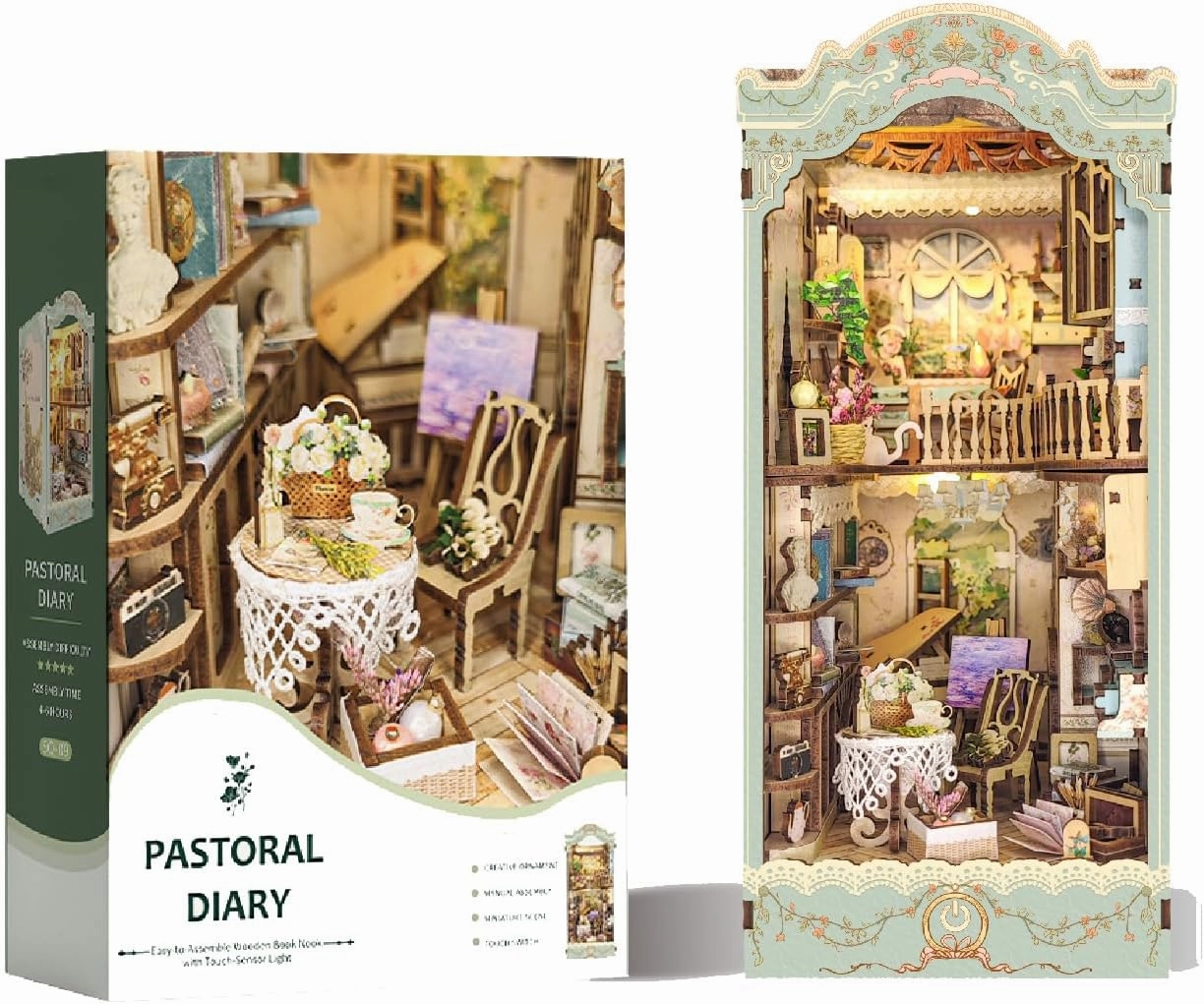DIY Dollhouse Kit for Adults 2D Stereo Assembly Night Light Sensing Wooden Bookend Jigsaw Building Model (Pastoral Diary)