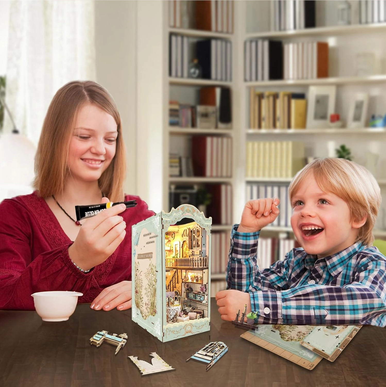 DIY Dollhouse Kit for Adults 2D Stereo Assembly Night Light Sensing Wooden Bookend Jigsaw Building Model (Pastoral Diary)