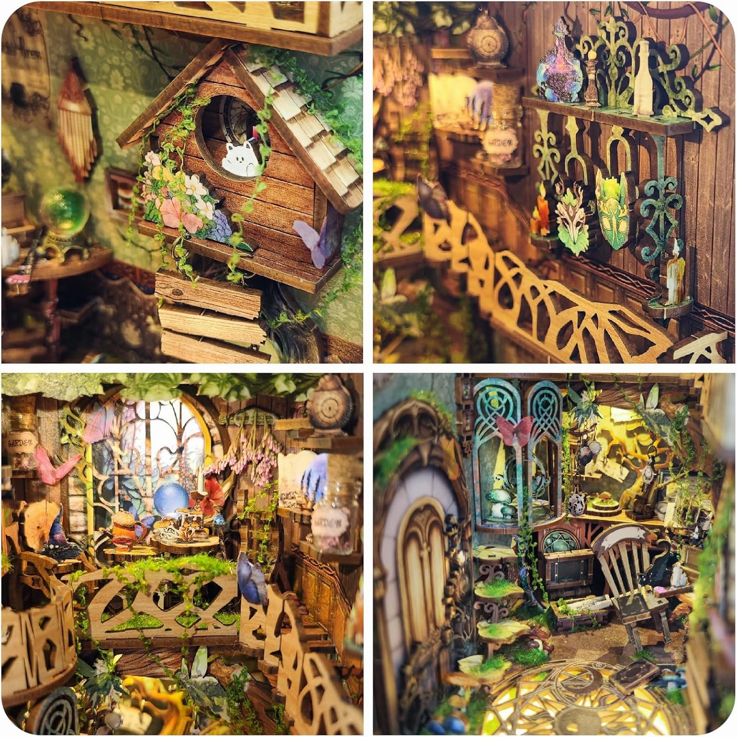 DIY Dollhouse Kit for Adults 2D Stereo Assembly Night Light Sensing Wooden Bookend Jigsaw Building Model (Secret Greenery)