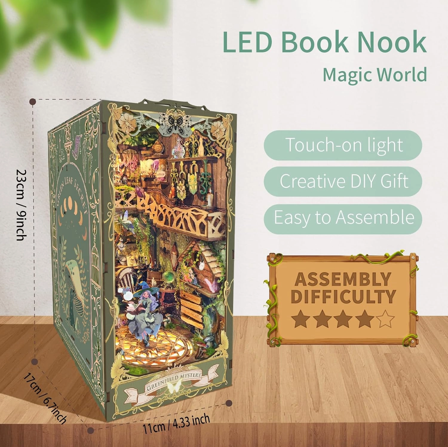 DIY Dollhouse Kit for Adults 2D Stereo Assembly Night Light Sensing Wooden Bookend Jigsaw Building Model (Secret Greenery)