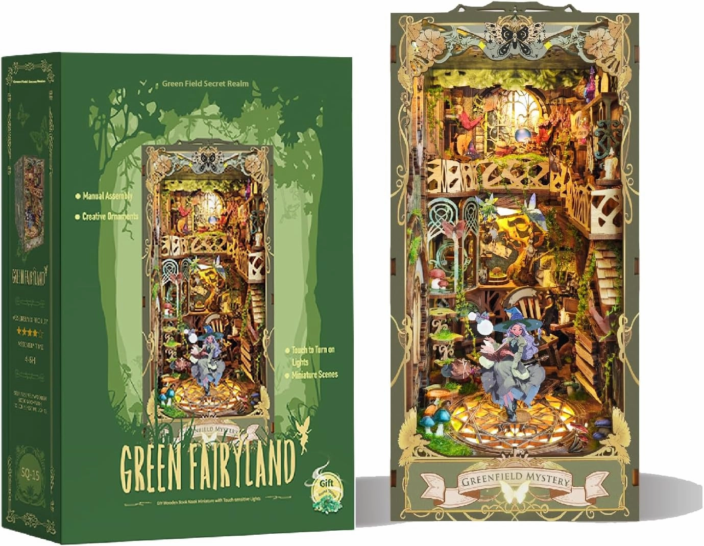 DIY Dollhouse Kit for Adults 2D Stereo Assembly Night Light Sensing Wooden Bookend Jigsaw Building Model (Secret Greenery)