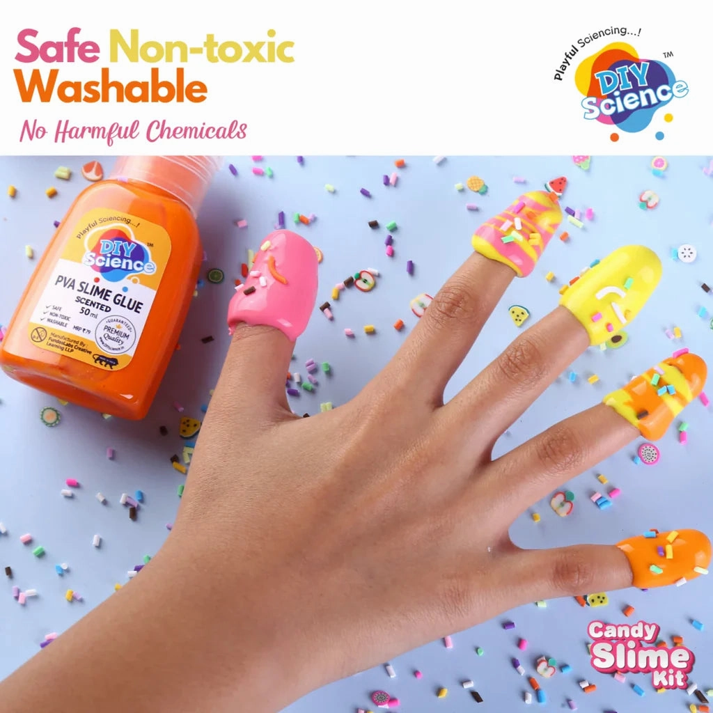 DIYScience Candy Slime Kit | Make Strawberry, Pineapple, Orange Scented Slime | 100% Safe & Non Toxic | Vermicelli | Fruit Slices | Candy Charm | Smooth & Stretchy | for Age 8 