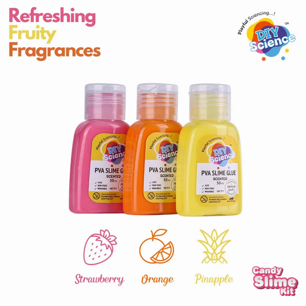 DIYScience Candy Slime Kit | Make Strawberry, Pineapple, Orange Scented Slime | 100% Safe & Non Toxic | Vermicelli | Fruit Slices | Candy Charm | Smooth & Stretchy | for Age 8 