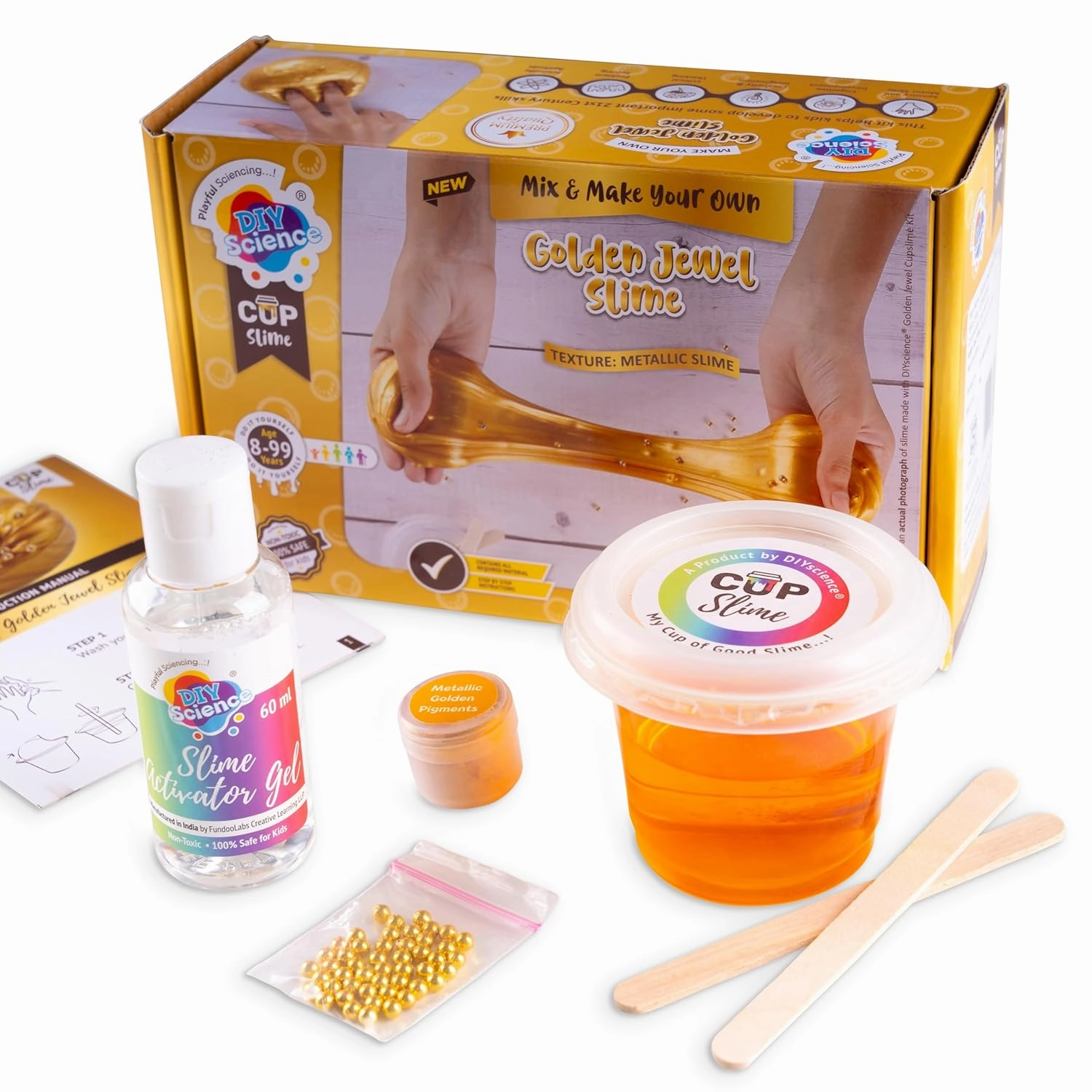 DIYScience Golden Jewel Slime Kit, Slime Making Kit, 8  Years, Make Shiny & Stretchy Metallic Slime, Scented Slime Glitter Glue, Activator Gel, Golden Pigment, Golden Bead Toppings
