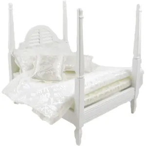 Doll House White 4 Poster Double Bed & Bedding Miniature Bedroom Furniture
