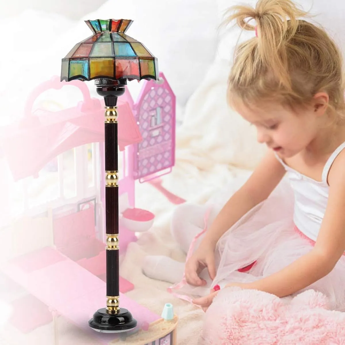 Dollhouse Floor Lamp 1:12 Dollhouse Miniature LED Lamp Floor Lamp with Switch Battery Operated Colorful Light LED Light Furniture Toy