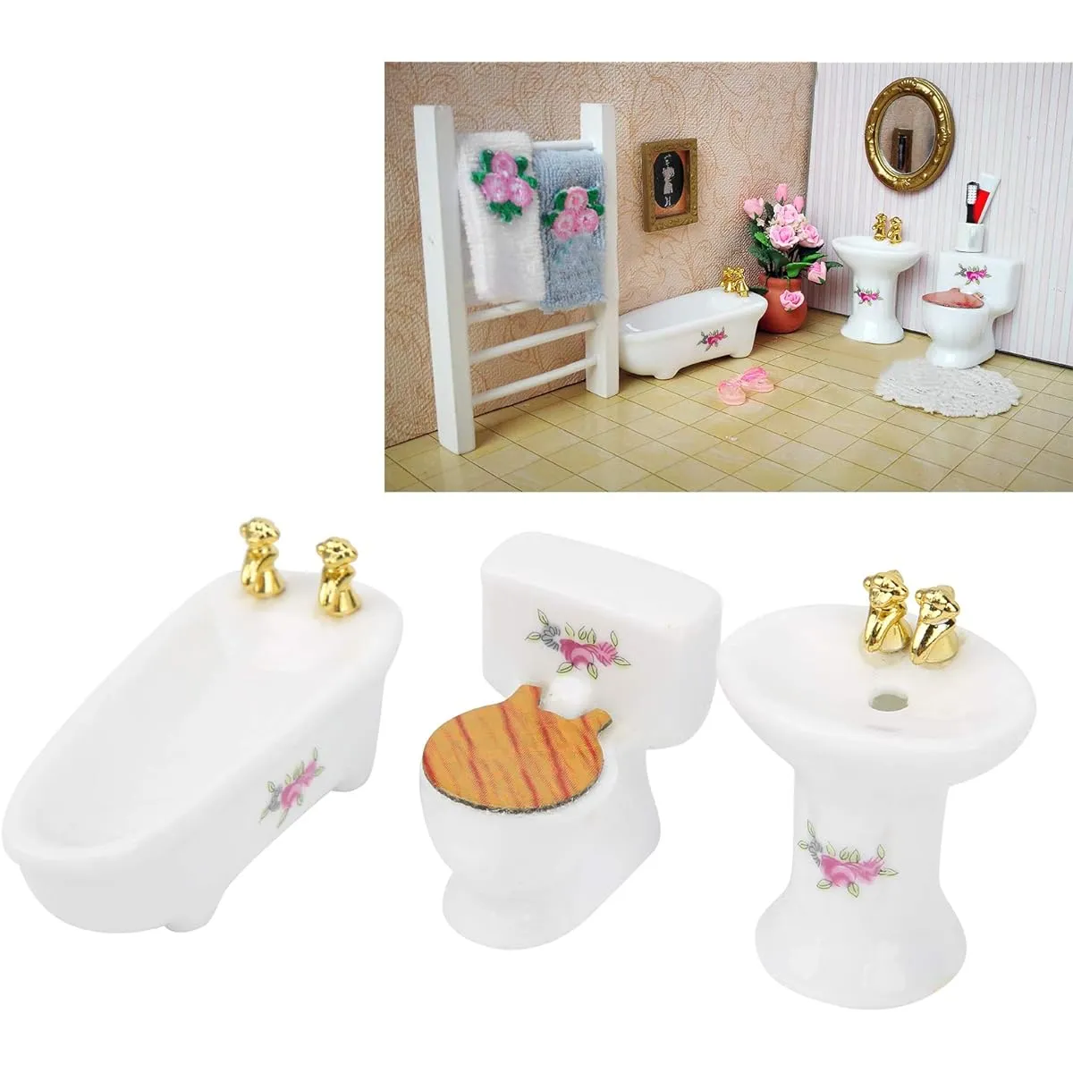 Dollhouse Miniature Bathroom Set, 1:24 Dollhouse Miniature Porcelain Bathroom Set, Mini Dollhouse Furniture for Decoration (#3)